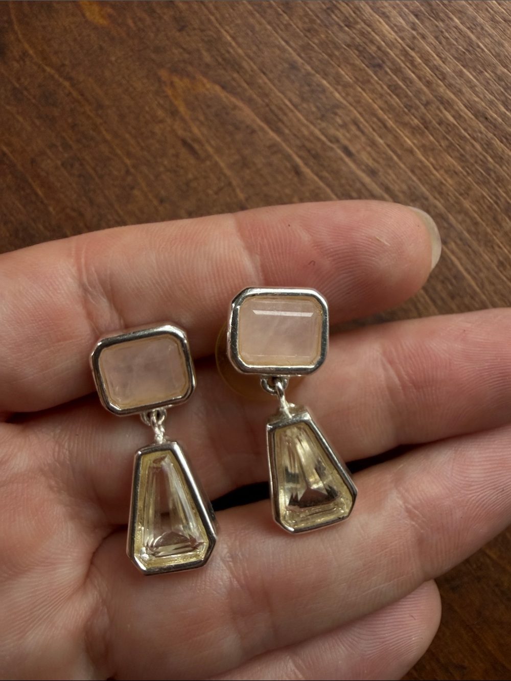 Vintage Lorenzo Jewelry drop earrings feature a bezel-set rose quartz